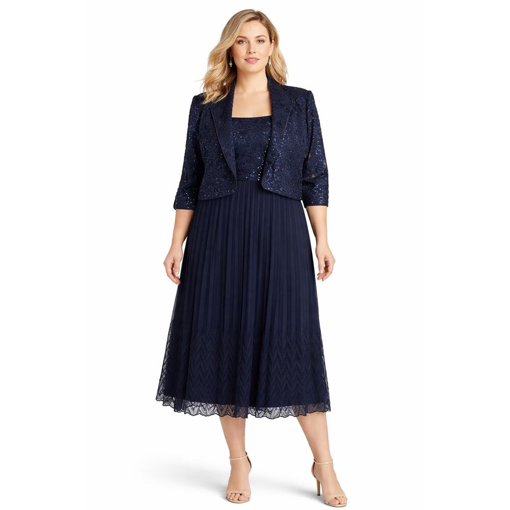 2000s R&M Richards Navy Pleated Dress Bolero Set 18W